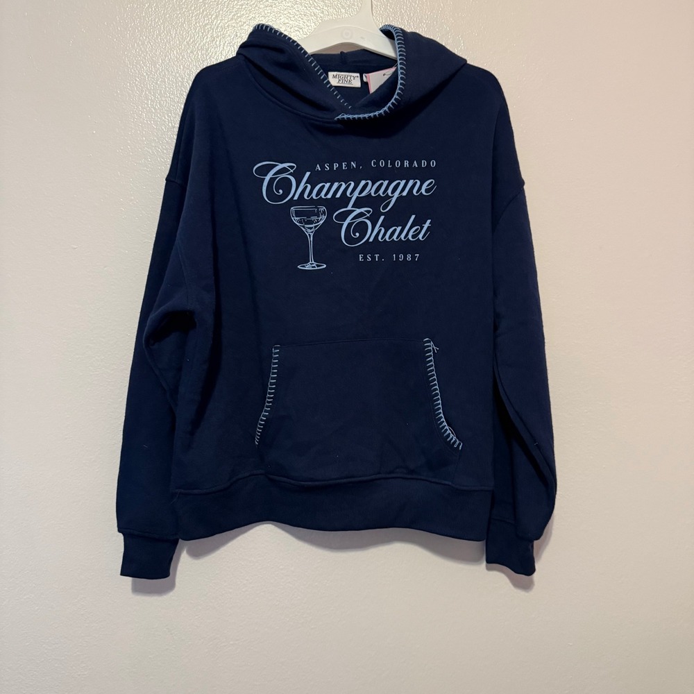 Mighty Fine Aspen Colorado Champagne Chalet Hoodie Navy Blue Whipstitch NWT XS